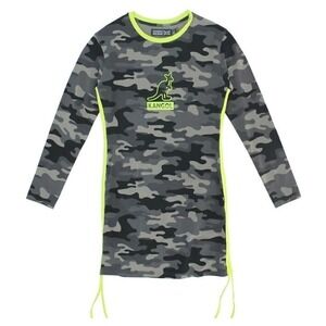 Kangol Camouflage T-Shirt Dress Womens XL Grey Neon Yellow New Long Sleeve Mini